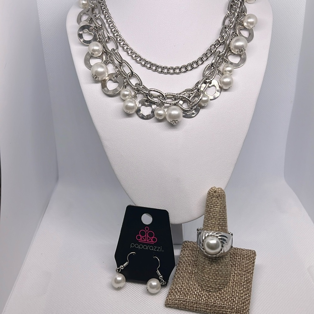 Mother’s Day, necklace, earring and ring, set silver tone, white pearls hearts